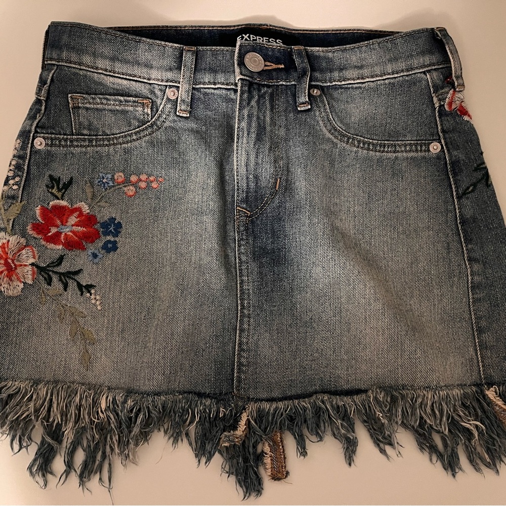 Express Denim Skirt with Floral Embroidery